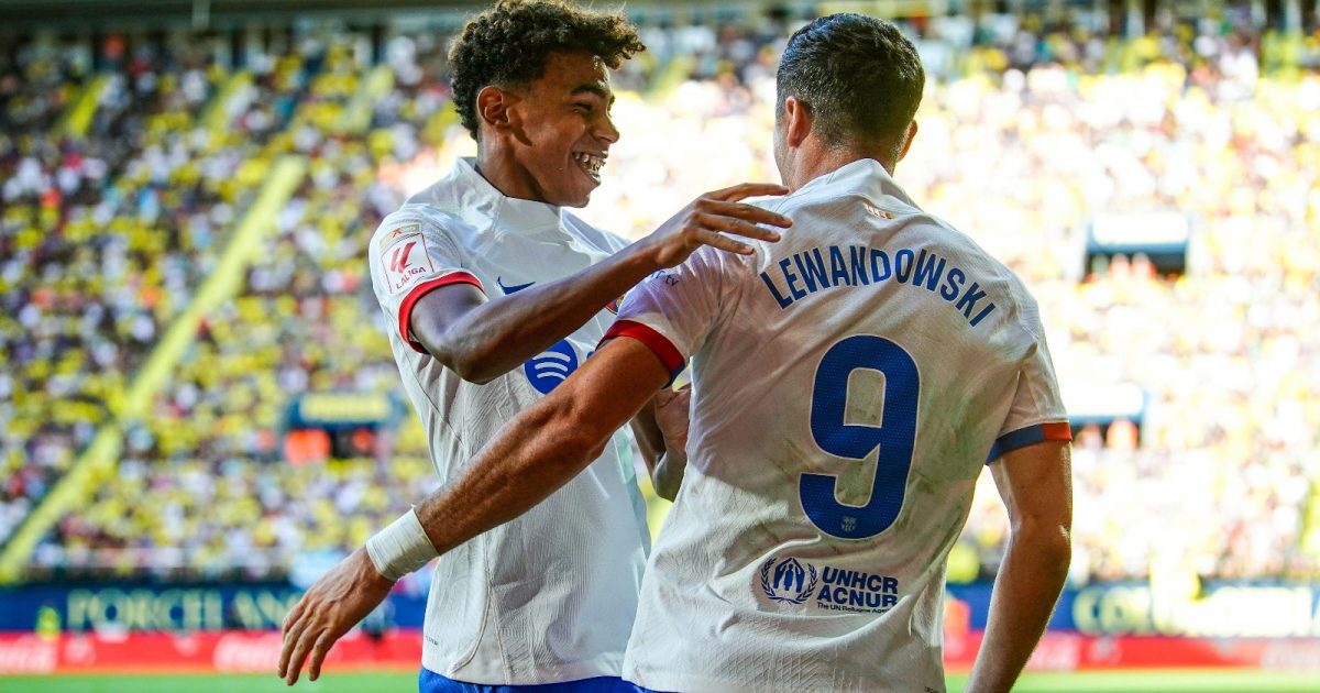 Villarreal, Spain. 27th Aug, 2023. Robert Lewandowski of FC Barcelona celebrates his goal with Lamine Yamal during the La Liga match between Villarreal CF and FC Barcelona played at La Ceramica Stadium on August 27 in Villarreal, Spain.