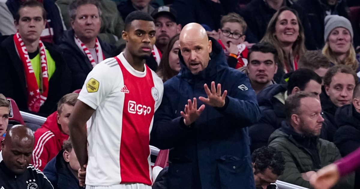 Ryan Gravenberch of Ajax and Coach Erik Ten Hag of Ajax during the Dutch Eredivisie match between Ajax and Go Ahead Eagles at the Johan Cruijff ArenA on November 7, 2021 in Amsterdam, Netherlands