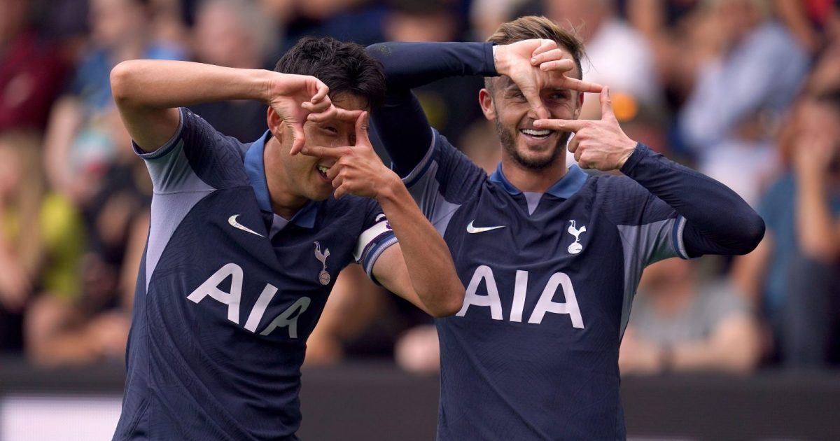Tottenham Hotspur's Son Heung-min celebrates scoring their side's fourth goal of the game with team-mate James Maddison (right) during the Premier League match at Turf Moor, Burnley.
