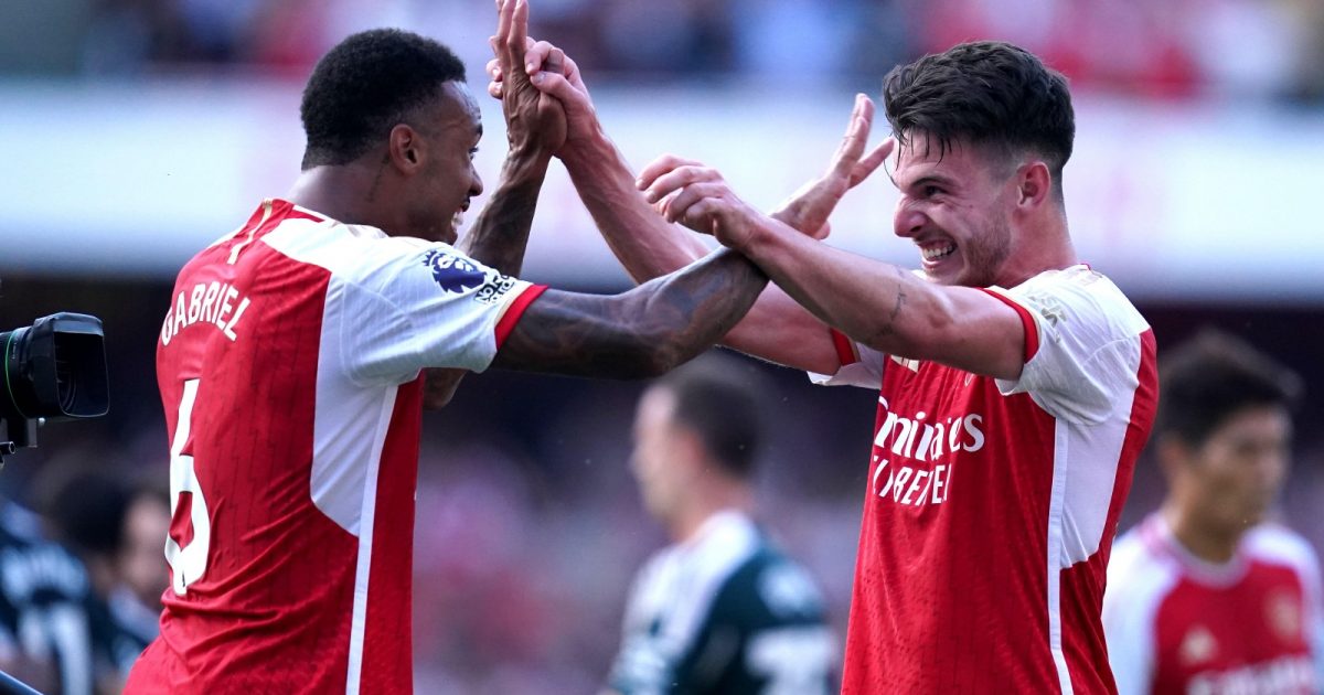 Arsenal's Declan Rice (right) and team-mate Gabriel celebrate following victory in the Premier League match at the Emirates Stadium, London. Picture date: Sunday September 3, 2023.
