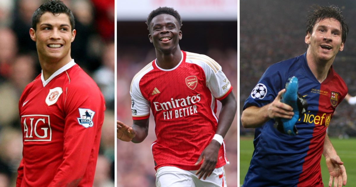 Arsenal's Bukayo Saka (centre) compared to Cristiano Ronaldo (left) and Lionel Messi (right) at the same age - 22
