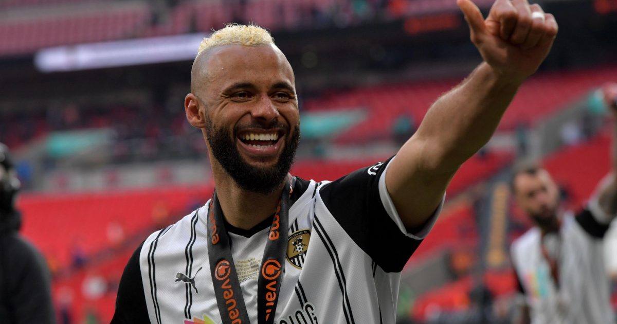 Notts County John Bostock celebrates promotion during the Vanarama National League Play-Off Final between Chesterfield and Notts County at Wembley Stadium, London on Saturday 13th May 2023.