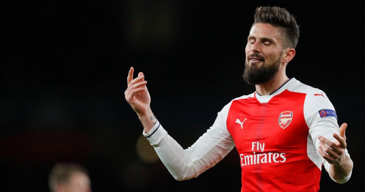 Arsenal's Olivier Giroud disagree after referee decision to give a penalty to Bayern Munich during the Champions League round of 16 second leg soccer match between Arsenal and Bayern Munich at the Emirates Stadium in London, Tuesday, March 7, 2017.