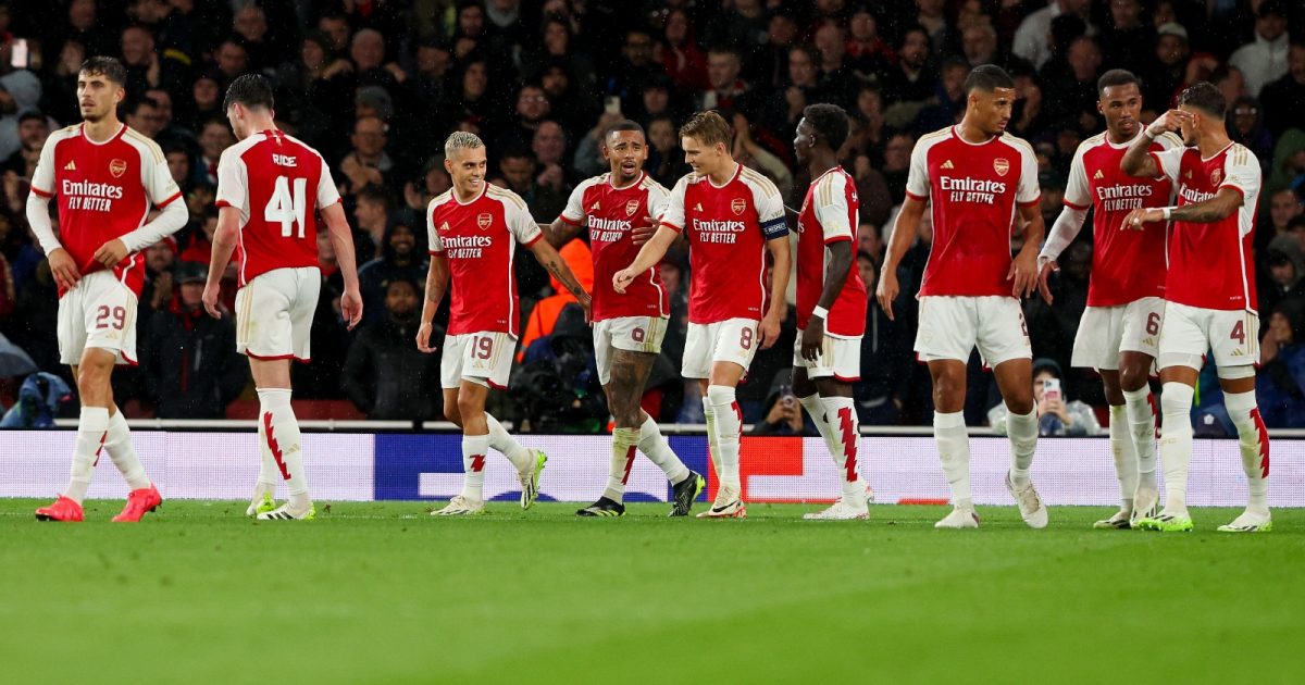 Kai Havertz of Arsenal, Declan Rice of Arsenal, Leandro Trossard of Arsenal, Martin Odegaard of Arsenal, Bukayo Saka of Arsenal, William Saliba of Arsenal, Gabriel of Arsenal, Ben White of Arsenal celebrates after scoring the third goal of the team during the UEFA Champions League Group B match between Arsenal and PSV at Emirates Stadion on September 20, 2023 in London, United Kingdom.