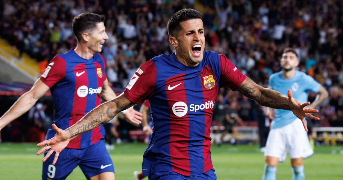 Barcelona, Spain. 23th Sep, 2023. Joao Cancelo celebrates after scoring a goal during the LaLiga EA Sports match between FC Barcelona and RC Celta de Vigo at the Estadi Olimpic Lluis Companys in Barcelona, Spain.