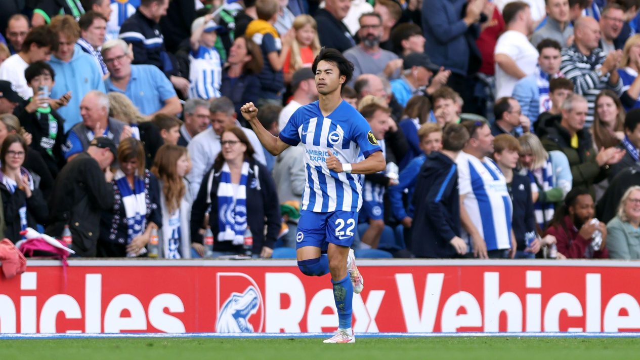 Brighton and Hove Albion's Kaoru Mitoma celebrates scoring their side's second goal of the game during the Premier League match at the AMEX Stadium, Brighton.