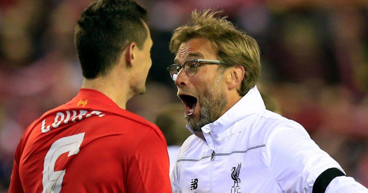 Jurgen Klopp and Dejan Lovren celebrate a victory over Borussia Dortmund
