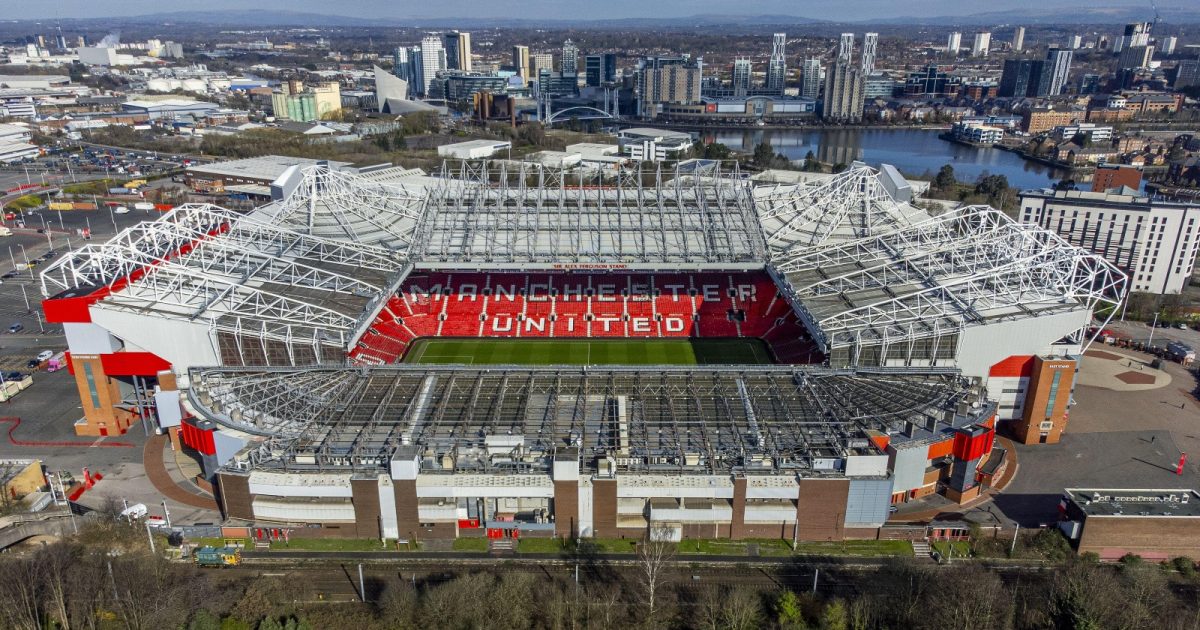 Aerial photograph of Old Trafford, March 2023.