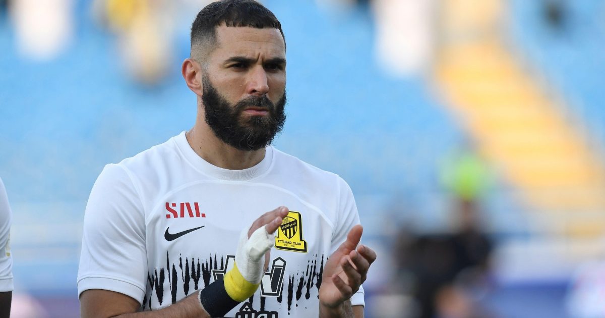 Al Ittihad's Karim Benzema greets fans during his team match against Al Raed in the Saudi Professional League, in Buraidah, Saudi Arabia, Monday, Aug. 14, 2023.