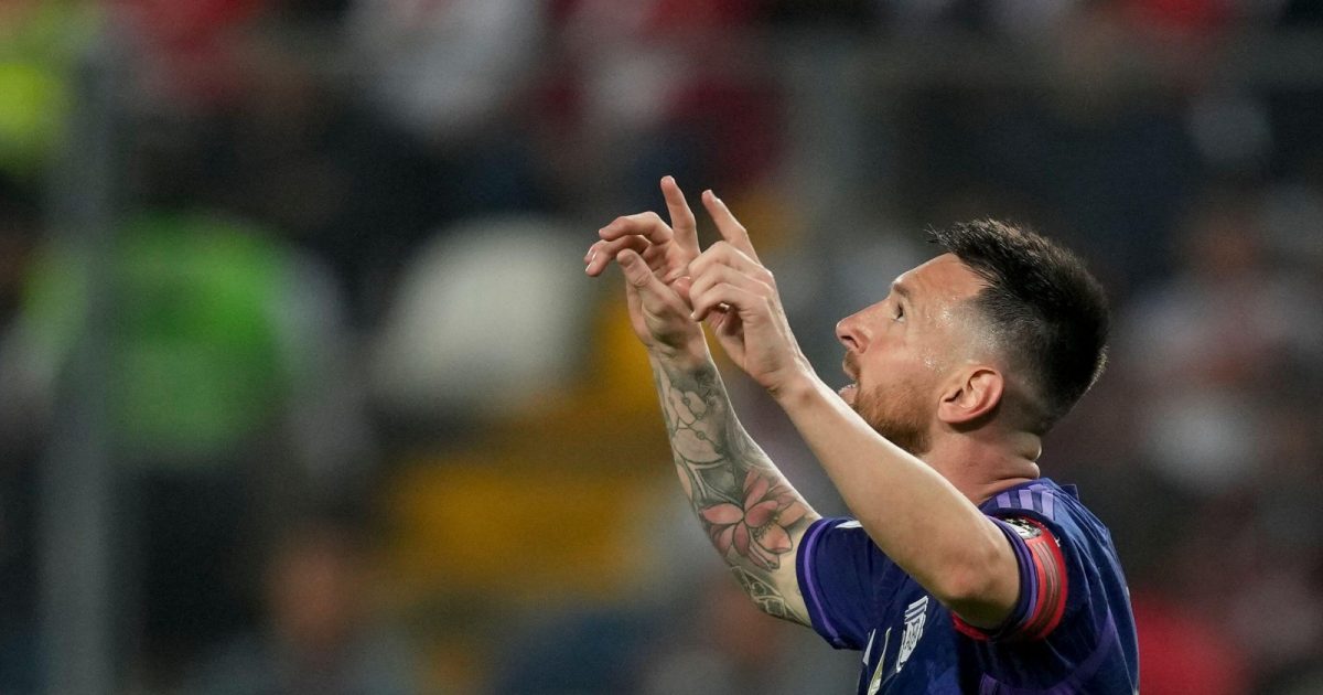 Argentina's Lionel Messi celebrates scoring his side's second goal against Peru during a qualifying soccer match for the FIFA World Cup 2026 at the National stadium in Lima, Peru,Tuesday, Oct. 17, 2023.
