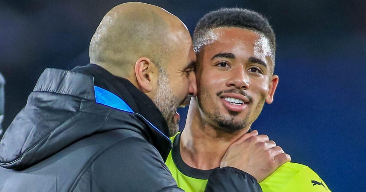 22nd February 2020, King Power Stadium, Leicester, England; Premier League, Leicester City v Manchester City : Pep Guardiola manager of Manchester City congratulates Gabriel Jesus (9) of Manchester City on his match winning goal at the end of the match