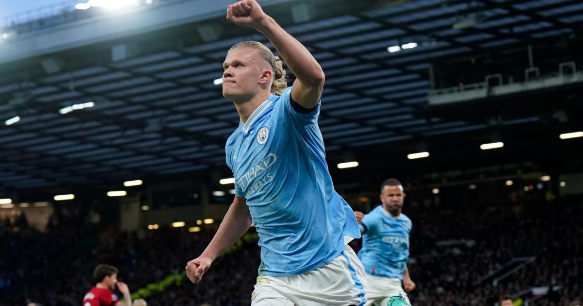 Manchester, UK. 29th Oct, 2023. Erling Haaland of Manchester City celebrates scoring the first goal from a VAR awarded penalty during the Premier League match at Old Trafford, Manchester.