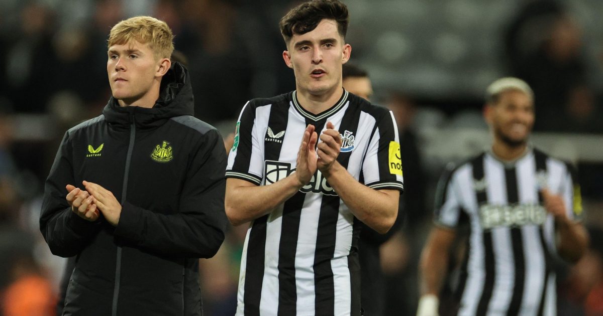 Tino Livramento #21 of Newcastle United applauds his team as they win 1-0 during the Carabao Cup Third Round match Newcastle United vs Manchester City at St. James's Park, Newcastle, United Kingdom, 27th September 2023