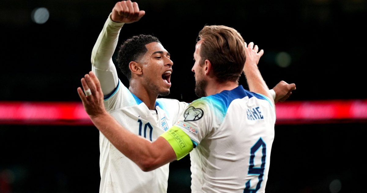 England's Harry Kane (right) celebrates with team-mate Jude Bellingham after scoring their side's third goal of the game during the UEFA Euro 2024 qualifying match at Wembley Stadium, London. Picture date: Tuesday October 17, 2023.
