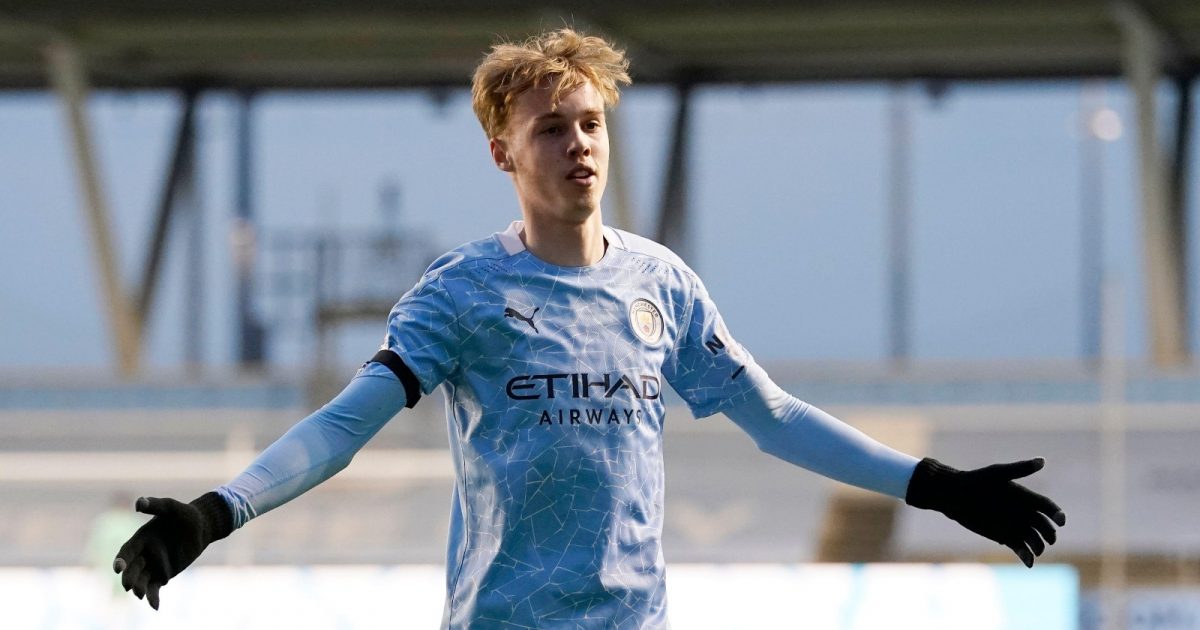 April 16, 2021, Manchester, United Kingdom: Manchester, England, 16th April 2021. Cole Palmer of Manchester City celebrates scoring their second goal during the Professional Development League match at Academy Stadium, Manchester.