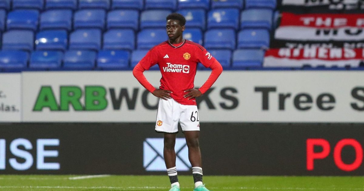 Omari Forson #62 of Manchester United eacts to going 3-0 down during the EFL Trophy match Bolton Wanderers vs Manchester United U21 at Toughsheet Community Stadium, Bolton, United Kingdom, 26th September 2023