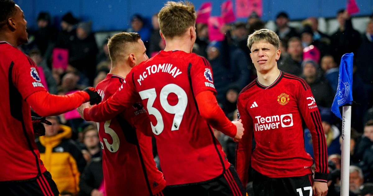 Manchester United's Alejandro Garnacho (right) celebrates after scoring their side's first goal of the game with an overhead kick during the Premier League match at Goodison Park, Liverpool. Picture date: Sunday November 26, 2023.