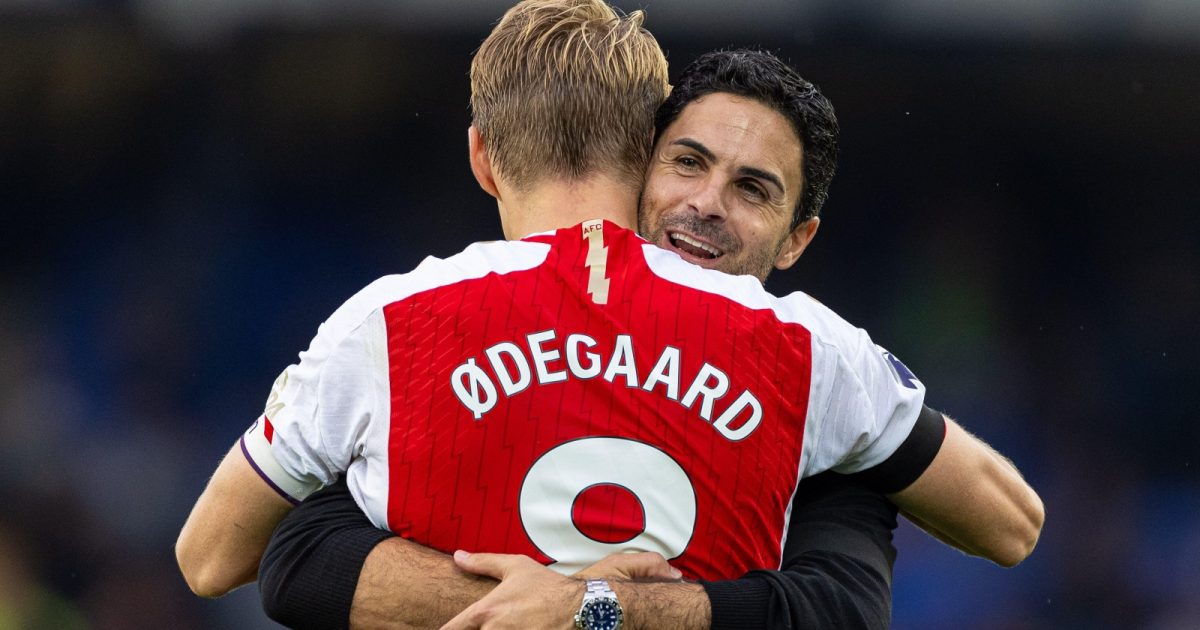 Arsenal's head coach Mikel Arteta (R) celebrates with captain Martin odegaard after an English Premier League match between Everton and Arsenal in Liverpool, Britain, on Sept. 17, 2023.