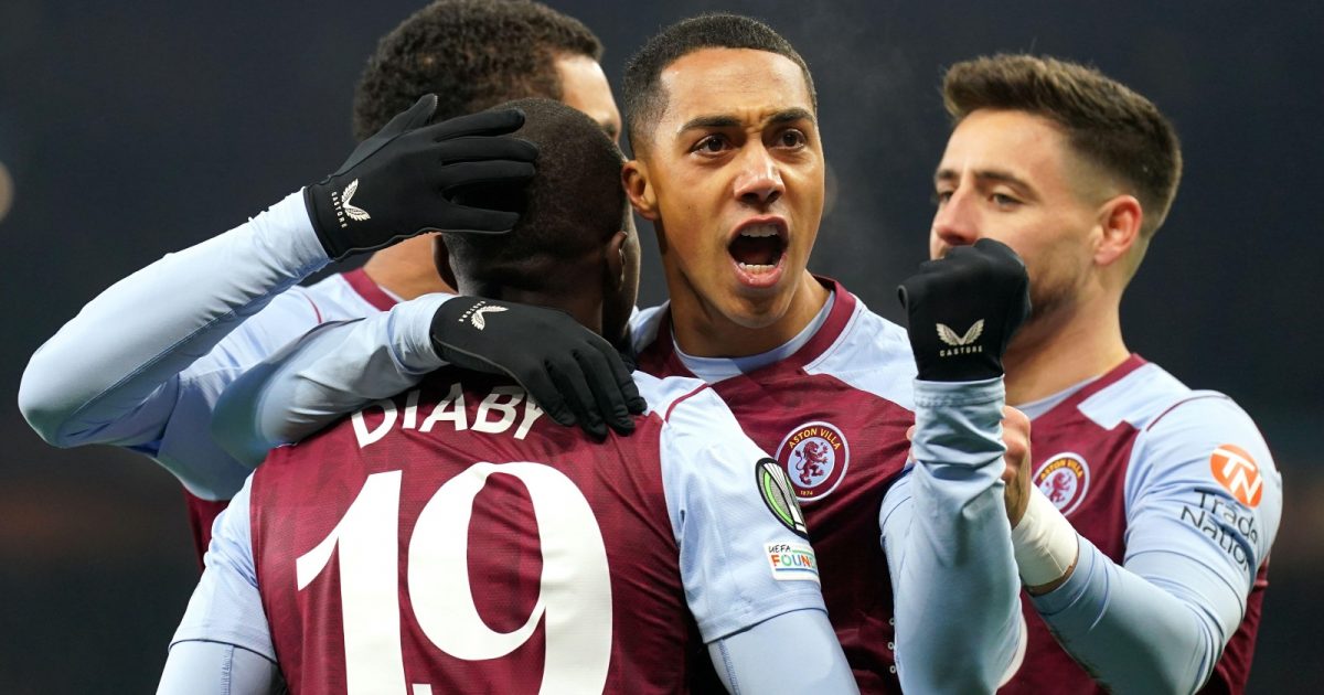 Aston Villa's Moussa Diaby (left) celebrates scoring their side's first goal against Legia Warsaw in the Europa Conference League.