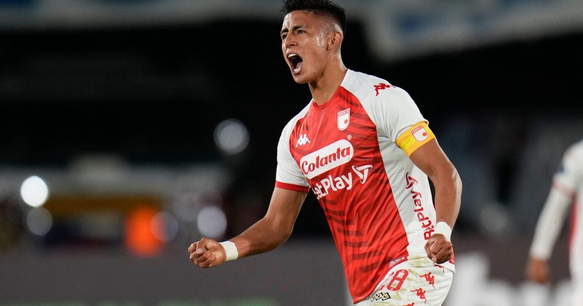 Kevin Mantilla of Colombia's Independiente Santa Fe celebrates scoring his side's opening goal against Argentina's Gimnasia y Esgrima La Plata during a Copa Sudamericana group G soccer match at El Campin stadium in Bogota, Colombia, Tuesday, April 18, 2023.