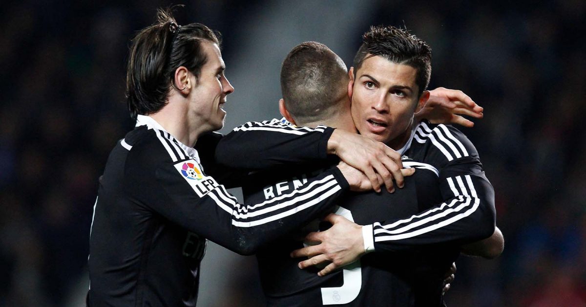 Cristiano Ronaldo celebrates with Gareth Bale and Karim Benzema