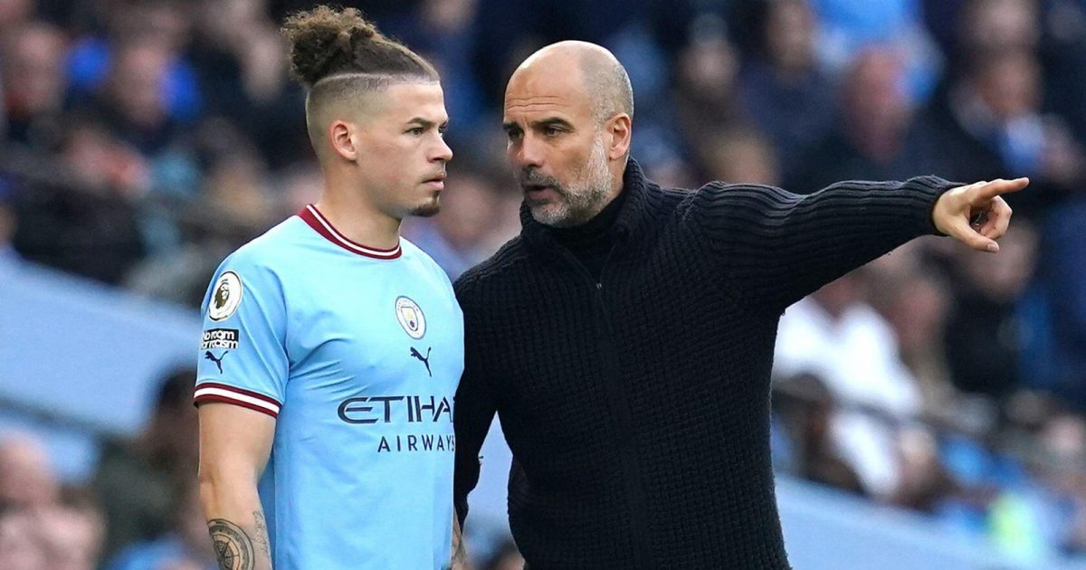 Manchester City manager Pep Guardiola (right) speaks to Kalvin Phillips ahead of being substituted on during the Premier League match at the Etihad Stadium, Manchester. Picture date: Saturday April 15, 2023.