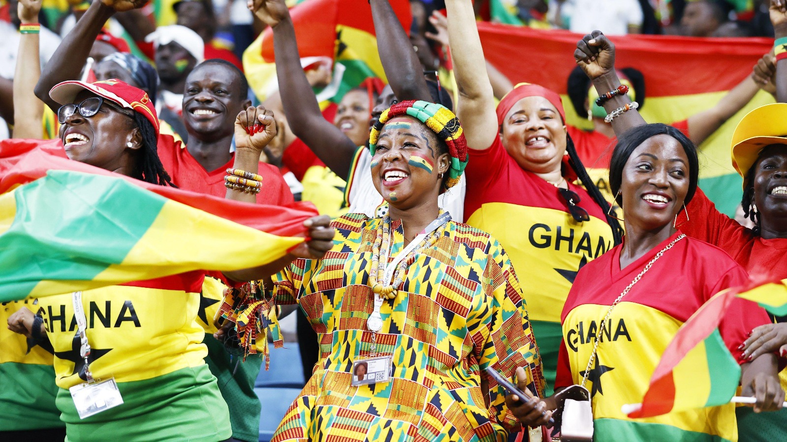 Ghana supporters cheer ahead of a World Cup Group H football match against Uruguay at Al Janoub Stadium in Al Wakrah, Qatar, on Dec. 2, 2022.