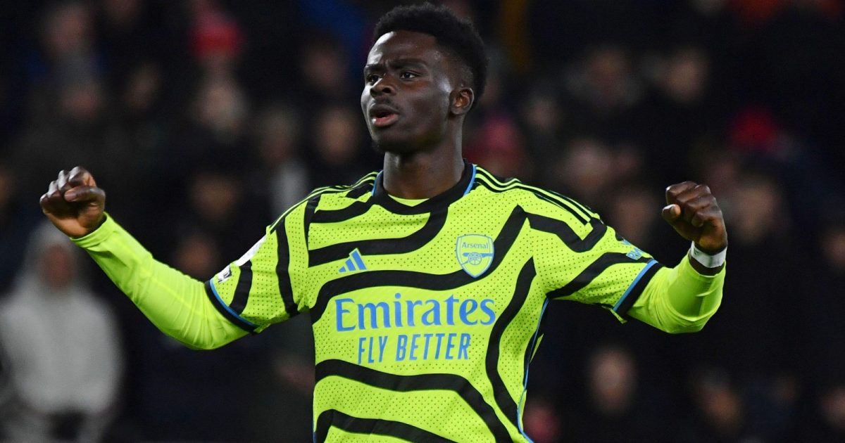 Arsenal's Bukayo Saka celebrates after scoring his side's second goal during the English Premier League soccer match between Nottingham Forest and Arsenal at the City Ground stadium in Nottingham, England, Tuesday, Jan. 30, 2024.