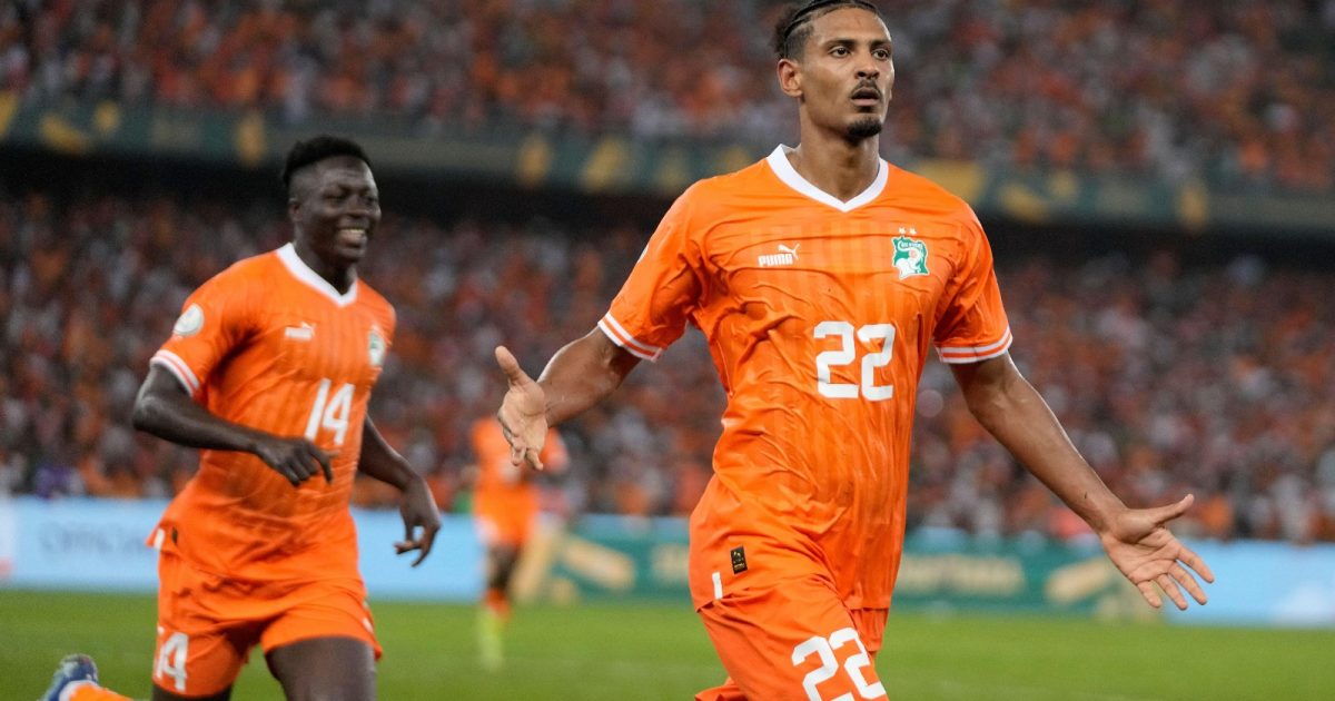 Ivory Coast 's Sebastien Haller celebrates after scoring his side's second goal during the African Cup of Nations final soccer match between Ivory Coast and Nigeria, at the Olympic Stadium of Ebimpe in Abidjan, Ivory Coast, Sunday, Feb. 11, 2024.