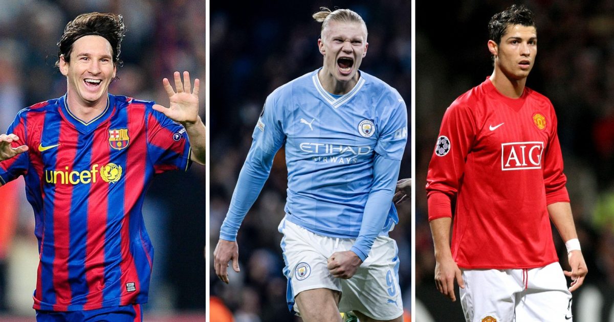 Lionel Messi (left), Erling Haaland (centre) and Cristiano Ronaldo (right)