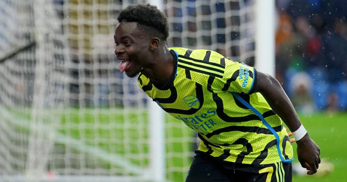Bukayo Saka celebrates for Arsenal against Burnley.