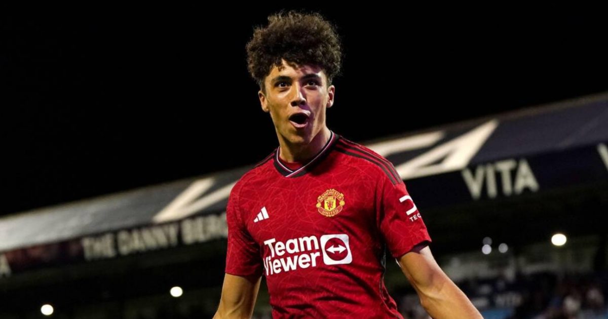Manchester United's Ethan Wheatley celebrates victory in the penalty shoot-out following the EFL Trophy group stage match at Edgeley Park, Stockport. Picture date: Tuesday August 22, 2023