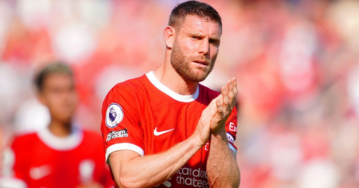 James Milner applauds Liverpool fans.