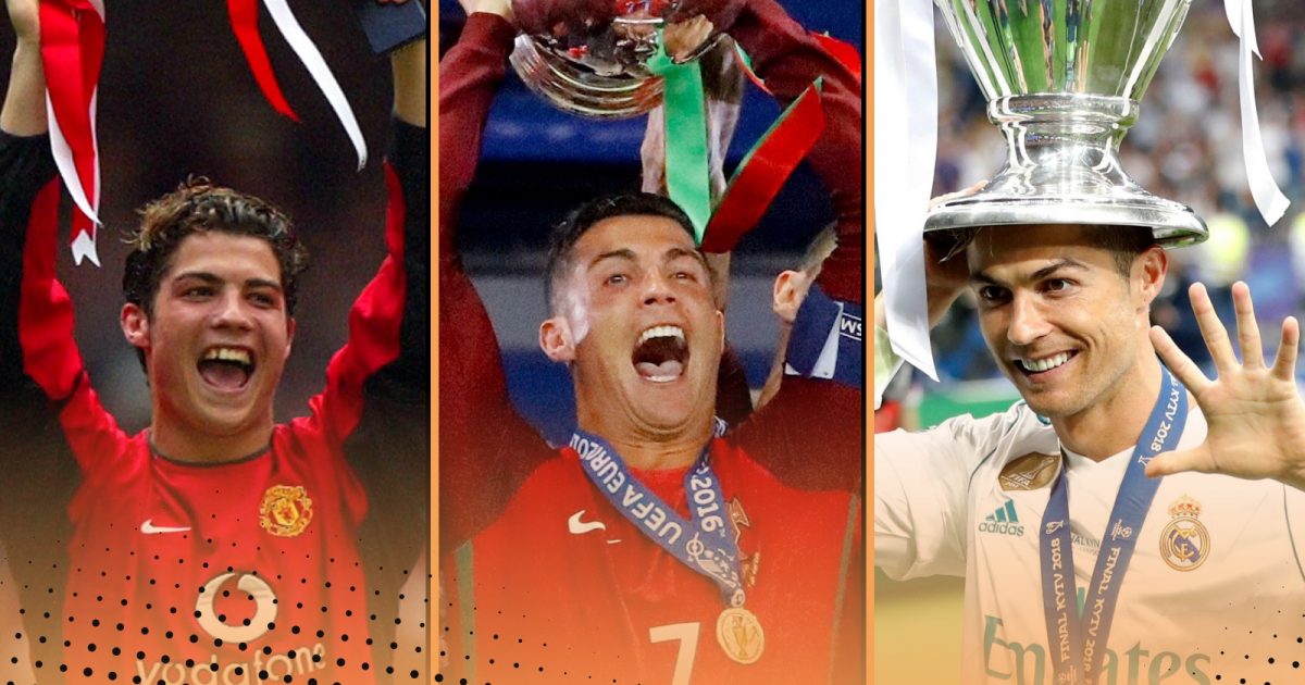 Cristiano Ronaldo celebrates lifting the FA Cup, European Championships and Champions League trophies, pictured (L-R) with Manchester United, Portugal and Real Madrid