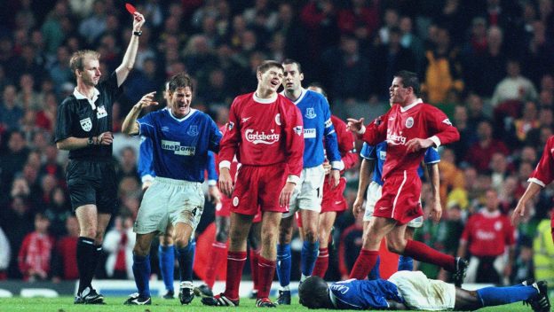Steven Gerrard is sent off in the September 1999 fixture between Liverpool and Everton.