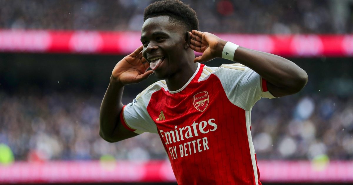 Bukayo Saka celebrates scoring Arsenal's second goal against Tottenham in April 2024.