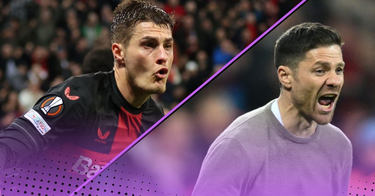 Bayer Leverkusen Injury-Time Winners Equalisers Unbeaten Invicincible 2023-23 – Patrik Schick (left) and Xabi Alonso (right) celebrate