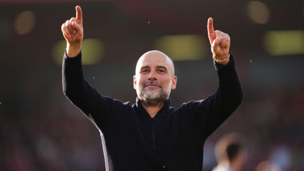 Manchester City manager Pep Guardiola celebrates following the Emirates FA Cup quarter final match at the Vitality Stadium, Bournemouth. Picture date: Sunday March 30, 2025.