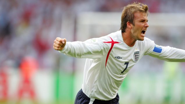 David Beckham celebrates scoring for England at the 2006 World Cup.