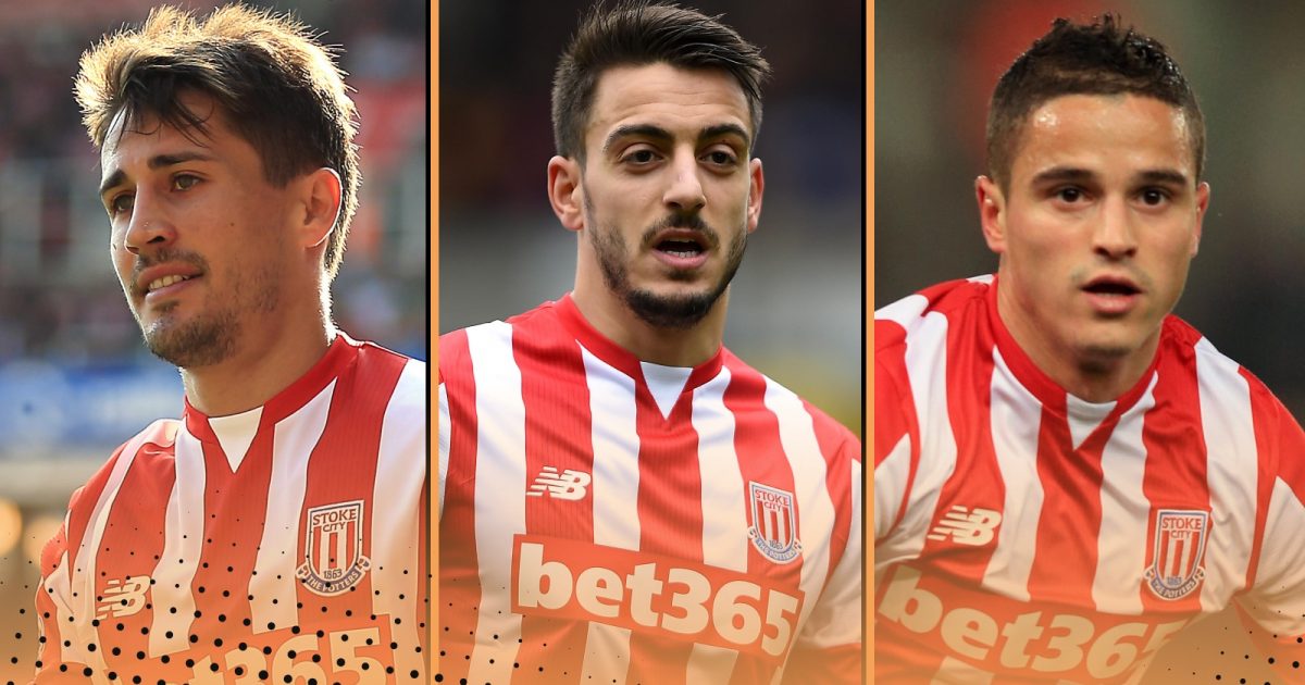 Stoke Champions League semi-finalists 2015-16 squad featuring (L-R) Bojan Krkic, Joselu, Ibrahim Afellay