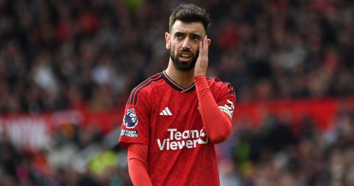 Manchester United's Bruno Fernandes reacts during the English Premier League soccer match between Manchester United and Burnley at Old Trafford stadium in Manchester, England, Saturday, April 27, 2024.