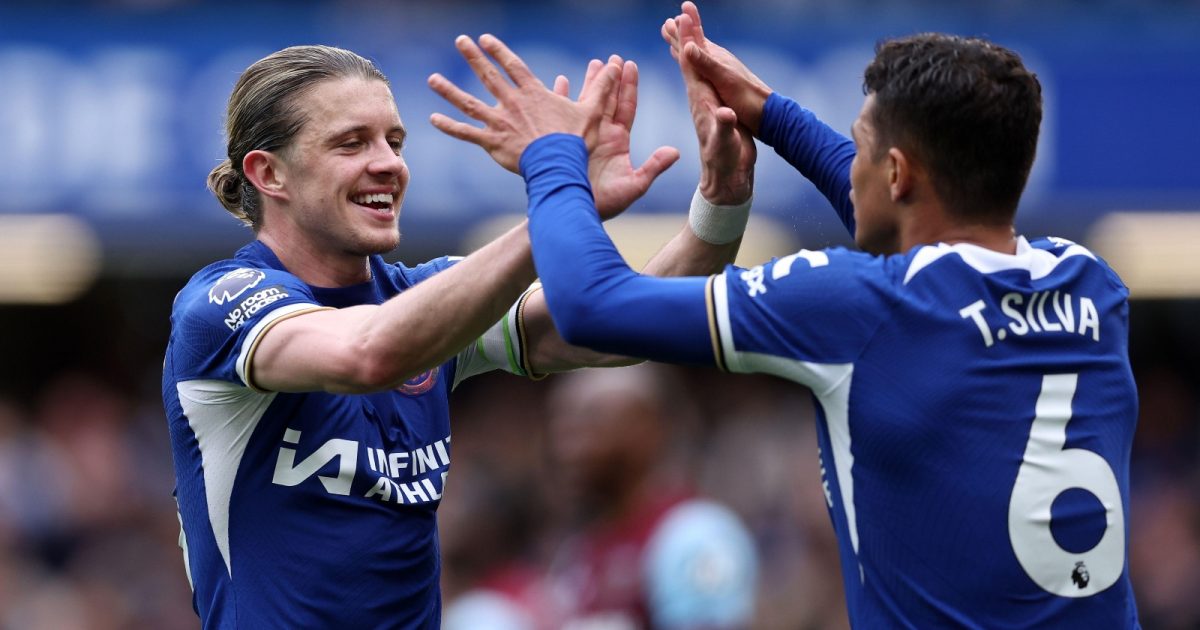 Conor Gallagher and Thiago Silva celebrate a thumping Premier League victory in May 2024.