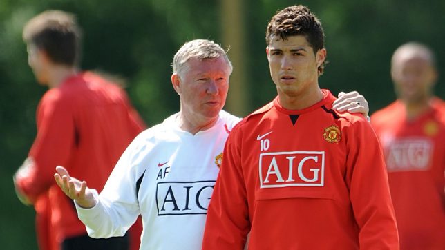 Manchester United's Cristiano Ronaldo with manager Sir Alex Ferguson Carrington Champions League final training 2008