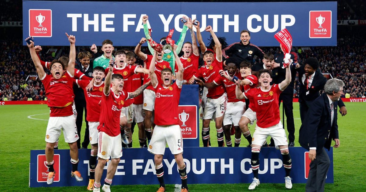 Manchester United's under-18s celebrate winning the FA Youth Cup, 2022.