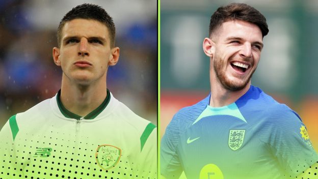 Declan Rice in action for Republic of Ireland and England.