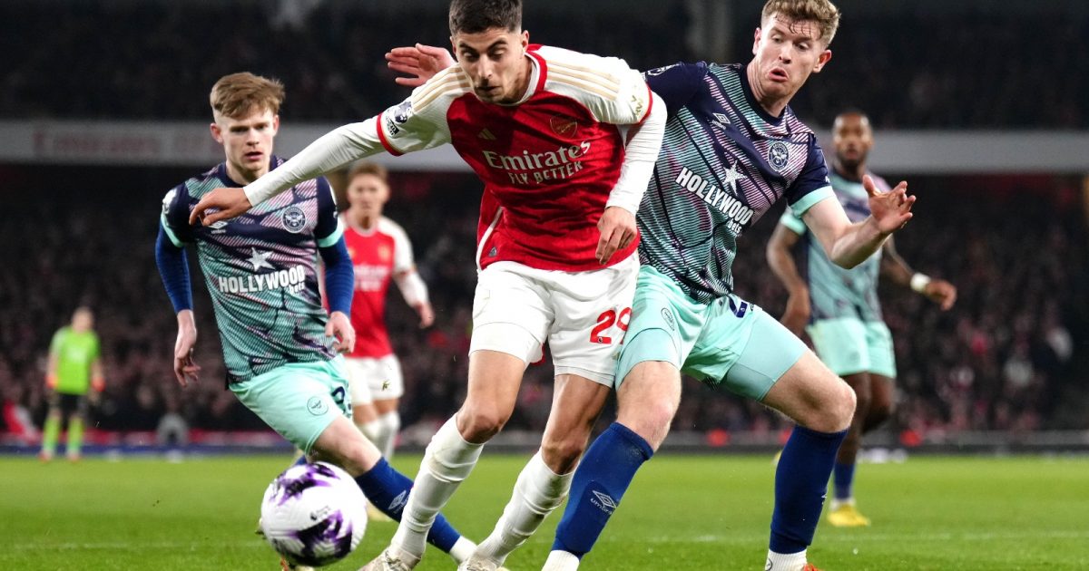 Arsenal's Kai Havertz (left) is challenged by Brentford's Nathan Collins during the Premier League match at the Emirates Stadium, London. Picture date: Saturday March 9, 2024.