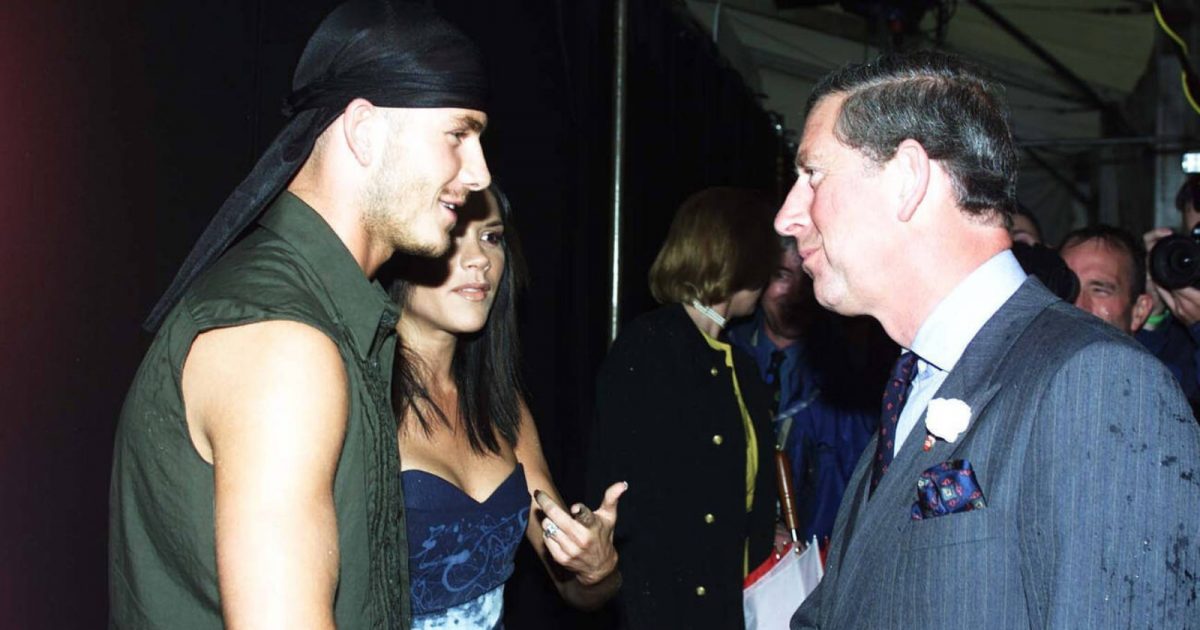 David and Victoria Beckham meet Prince Charles at the Party in the Park concert for the Prince s Trust Charity July 2000