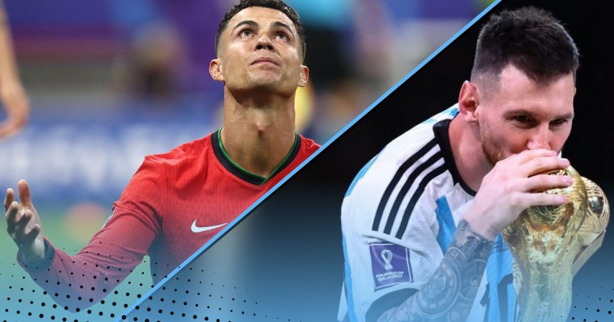 Cristiano Ronaldo looks forlorn while Lionel Messi kisses the World Cup