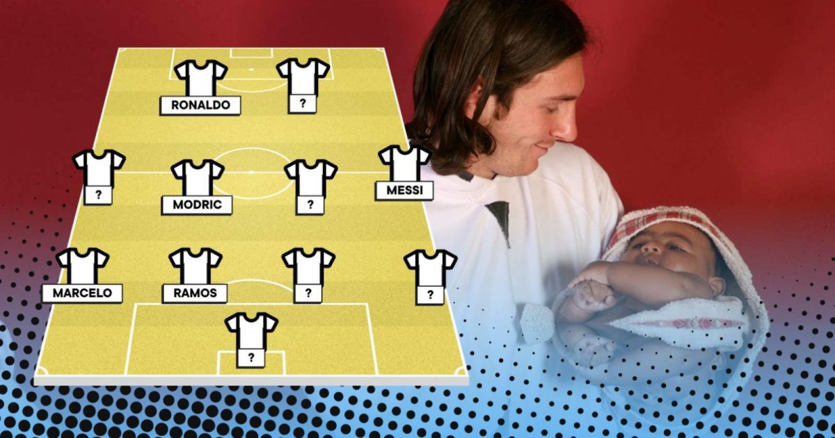 Lionel Messi with a baby Lamine Yamal and a full XI of players that made their international debuts before the Barcelona and Spain attacker was born