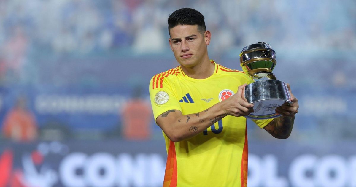 James Rodriguez receives his MVP award for Colombia at the Copa America.